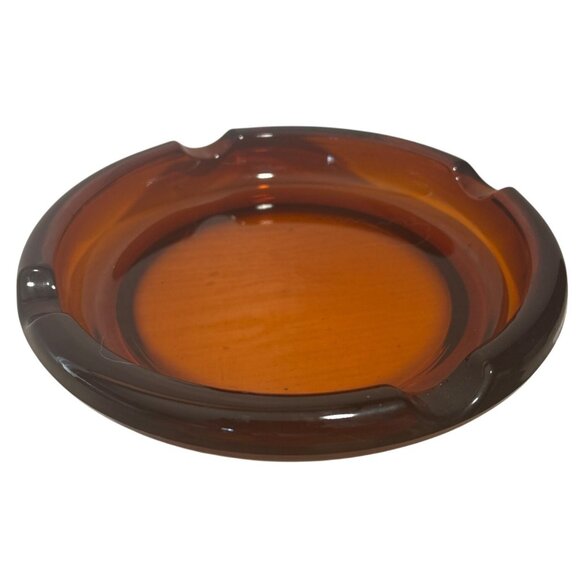 Vtg Amber Glass Ashtray Four Cigarette Rests Retro Mid-Century Modern 7 3/4" - Picture 1 of 8